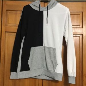 black white and gray sweatshirt